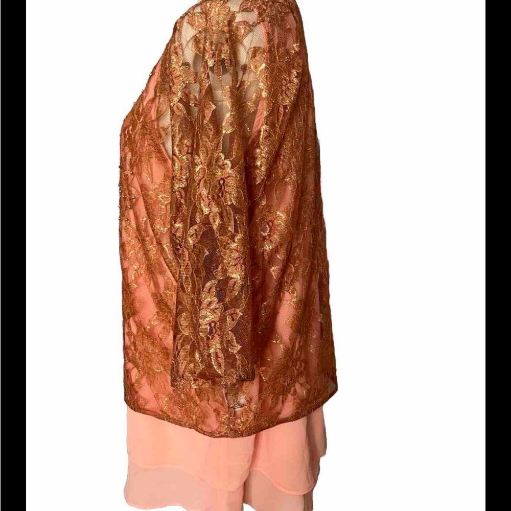 Embellished Lace Overlay Coral Blouse - Picture 7 of 9